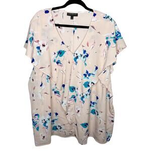 LANE BRYANT / pink blue floral ruffle front semi sheer blouse / 28
